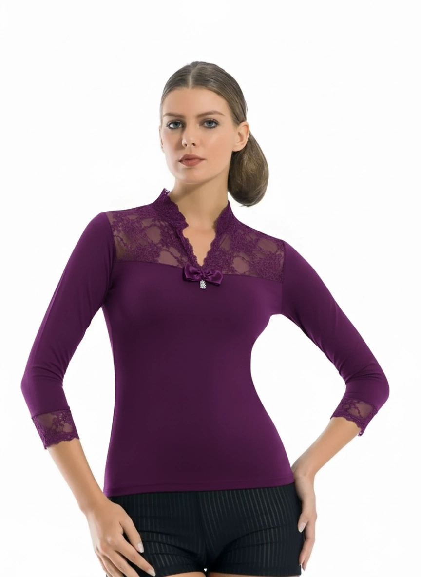 Geniş Dantelli Patlı Uzun Kollu Elestan Bluz 2176