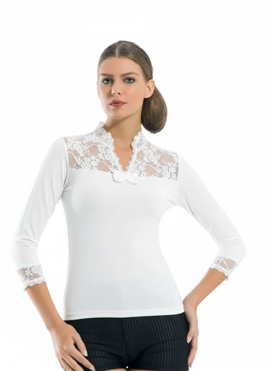 Geniş Dantelli Patlı Uzun Kollu Elestan Bluz 2176