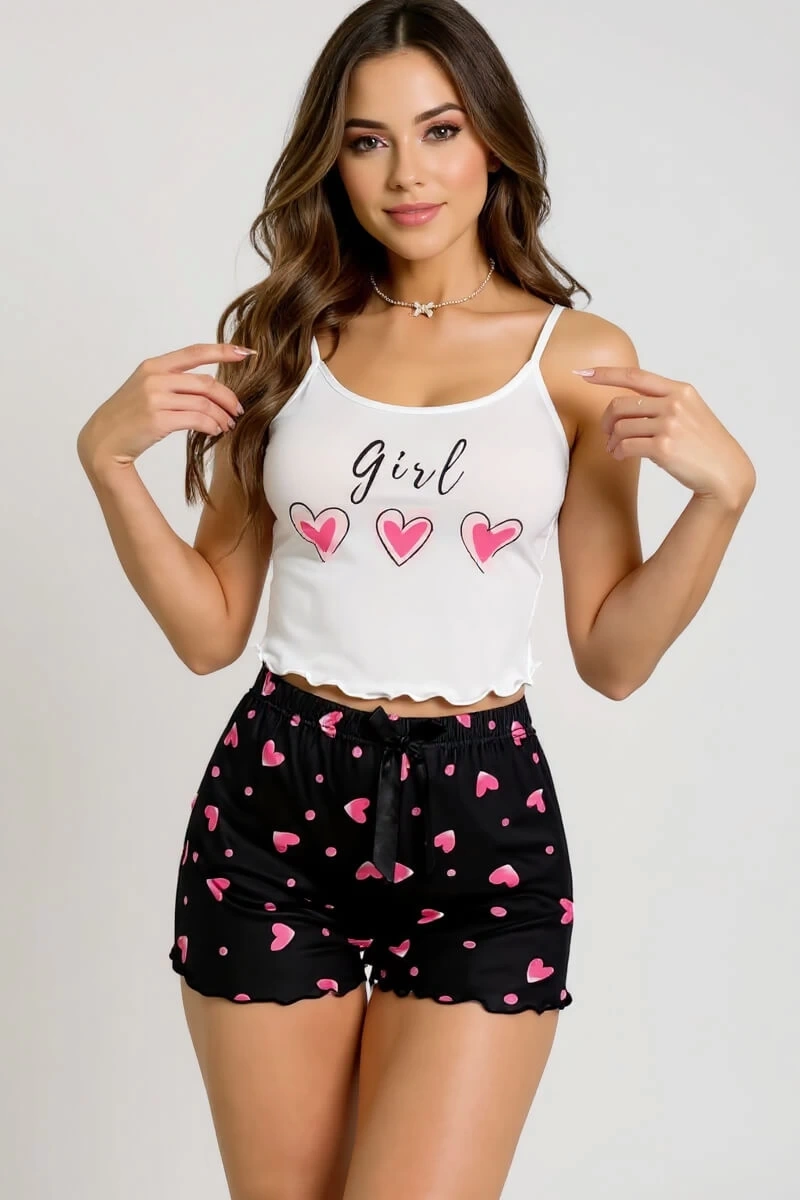 Lesca Kalp Desenli Askılı Şortlu Pijama Takımı