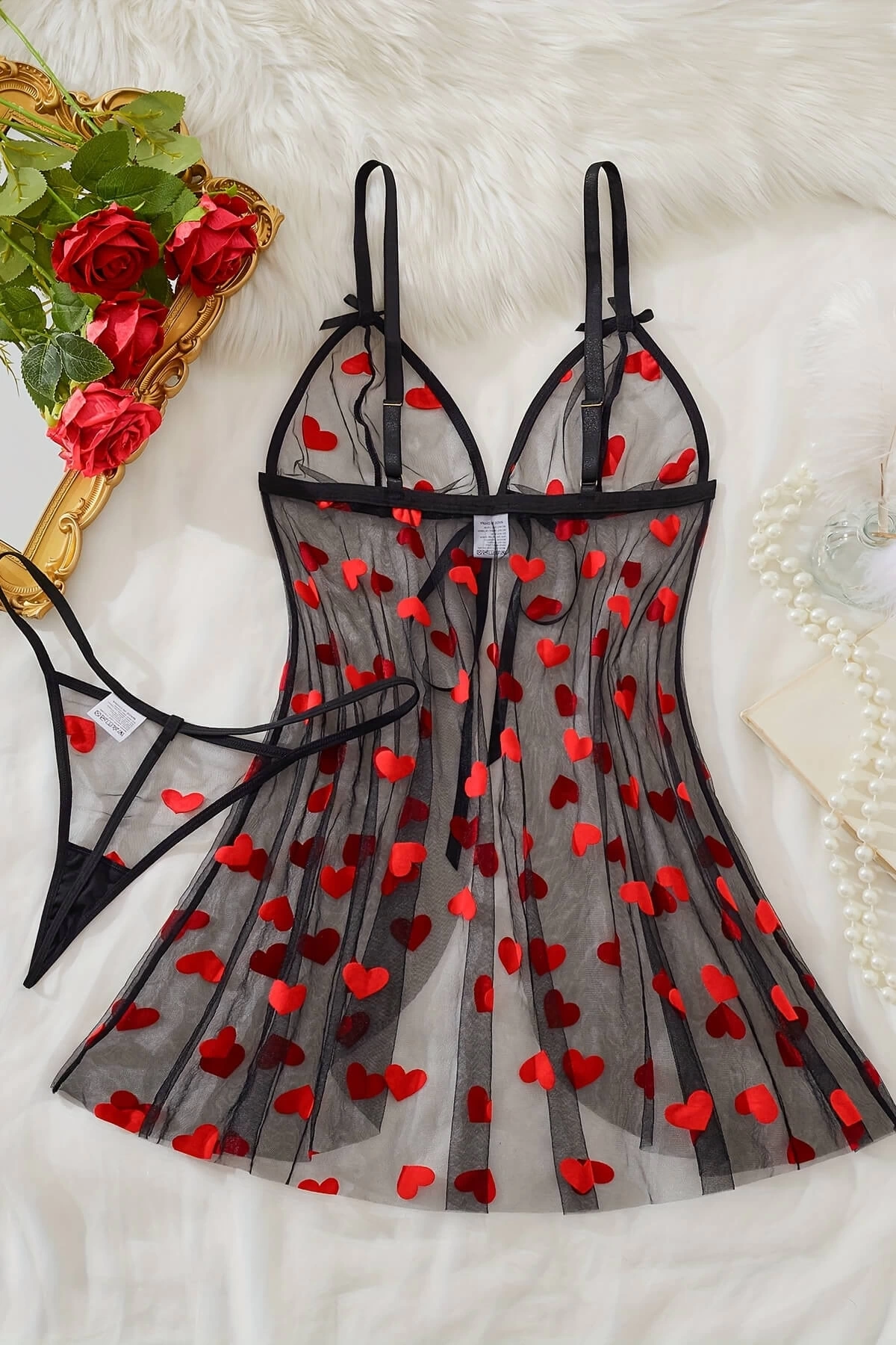 Lesca Kalp Desenli Siyah Transparan Gecelik Brf1378