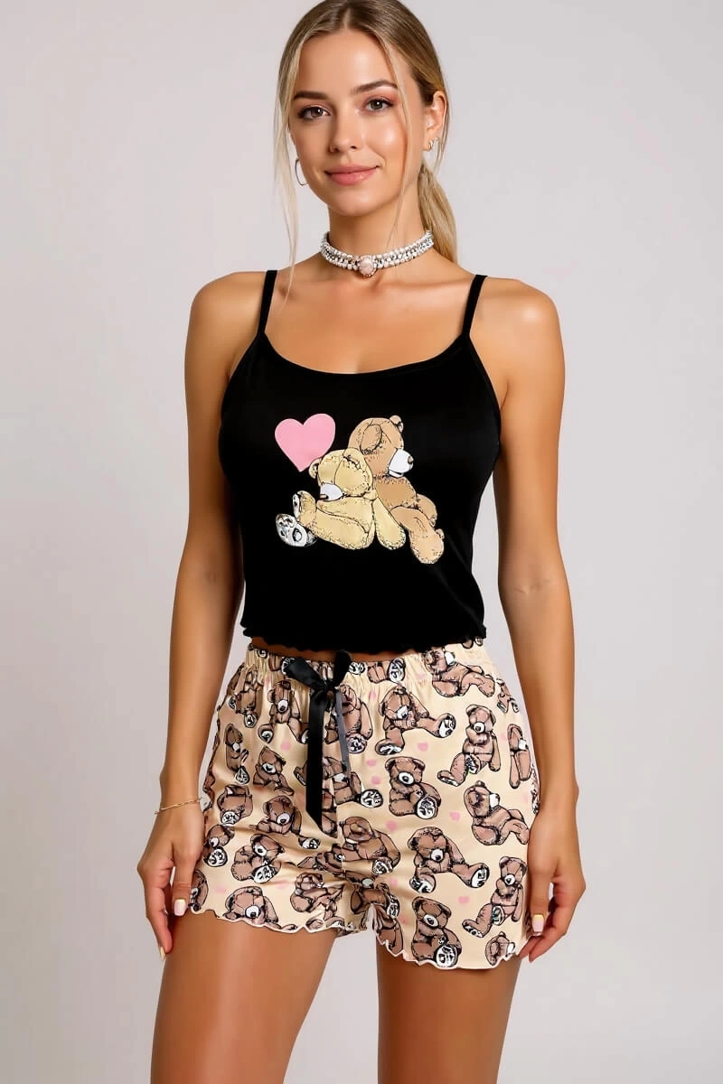 Lesca Renkli Ayıcık Desenli Askılı Şortlu Kadın Pijama Takımı