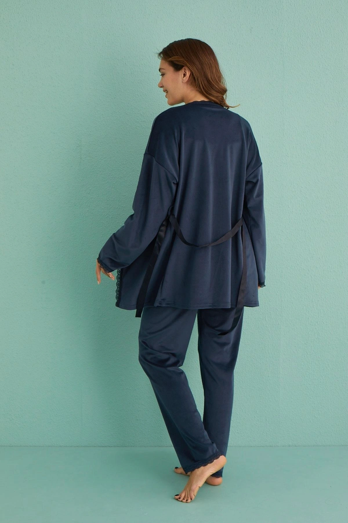 Mihra 13402 Kadın Kadife 3lü Pijama Takımı