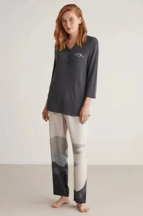 Nautıca W604 Kadın Patlı V Yaka Uzun Kollu Pijama Takımı