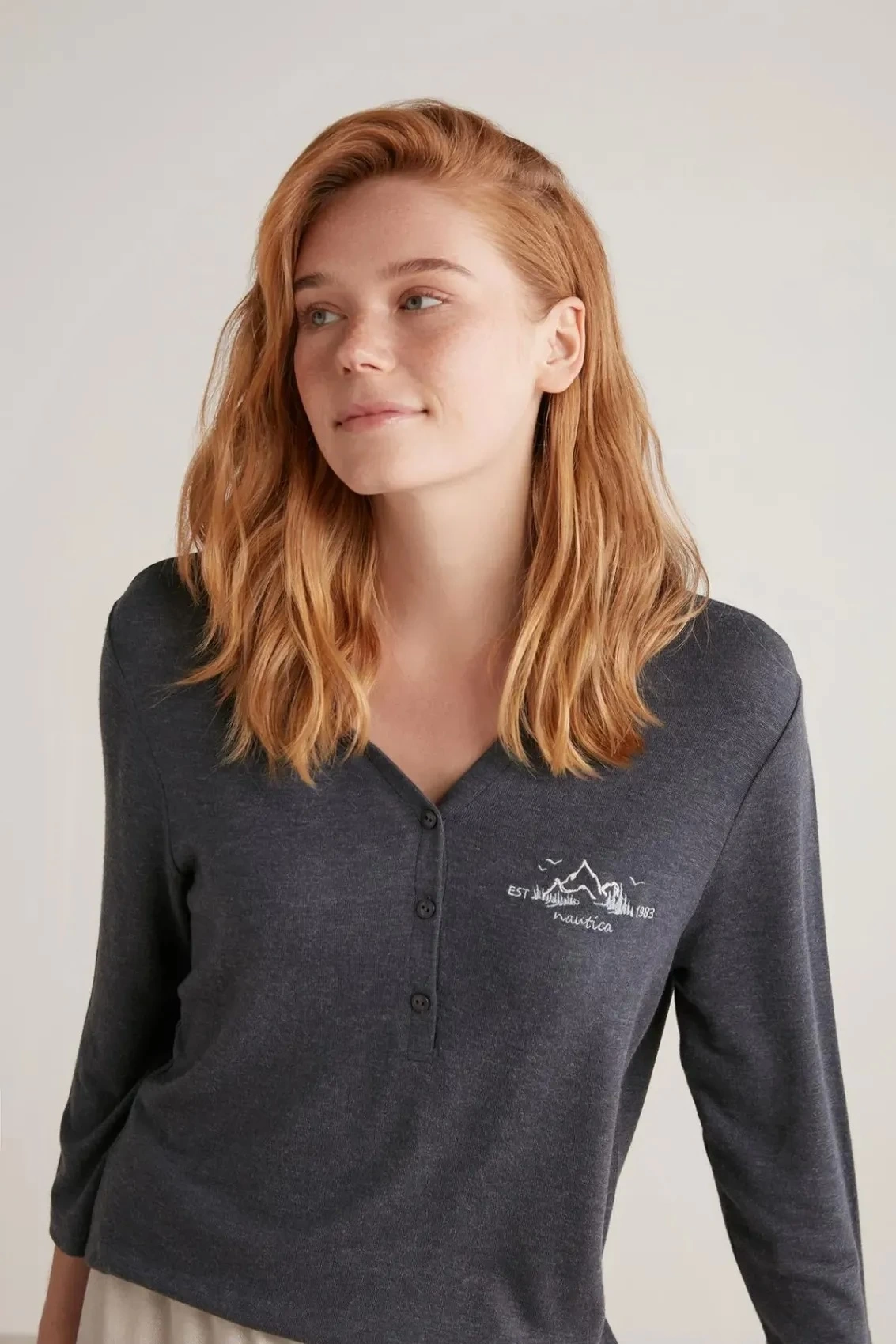 Nautıca W604 Kadın Patlı V Yaka Uzun Kollu Pijama Takımı