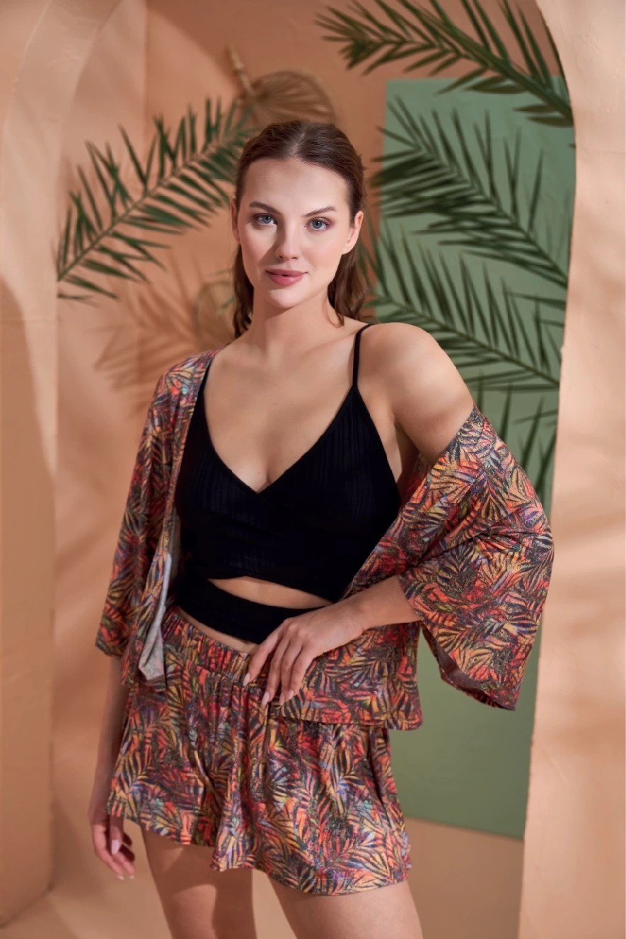 Pjs 27003 Viskon Kimono Croplu Şort Takım