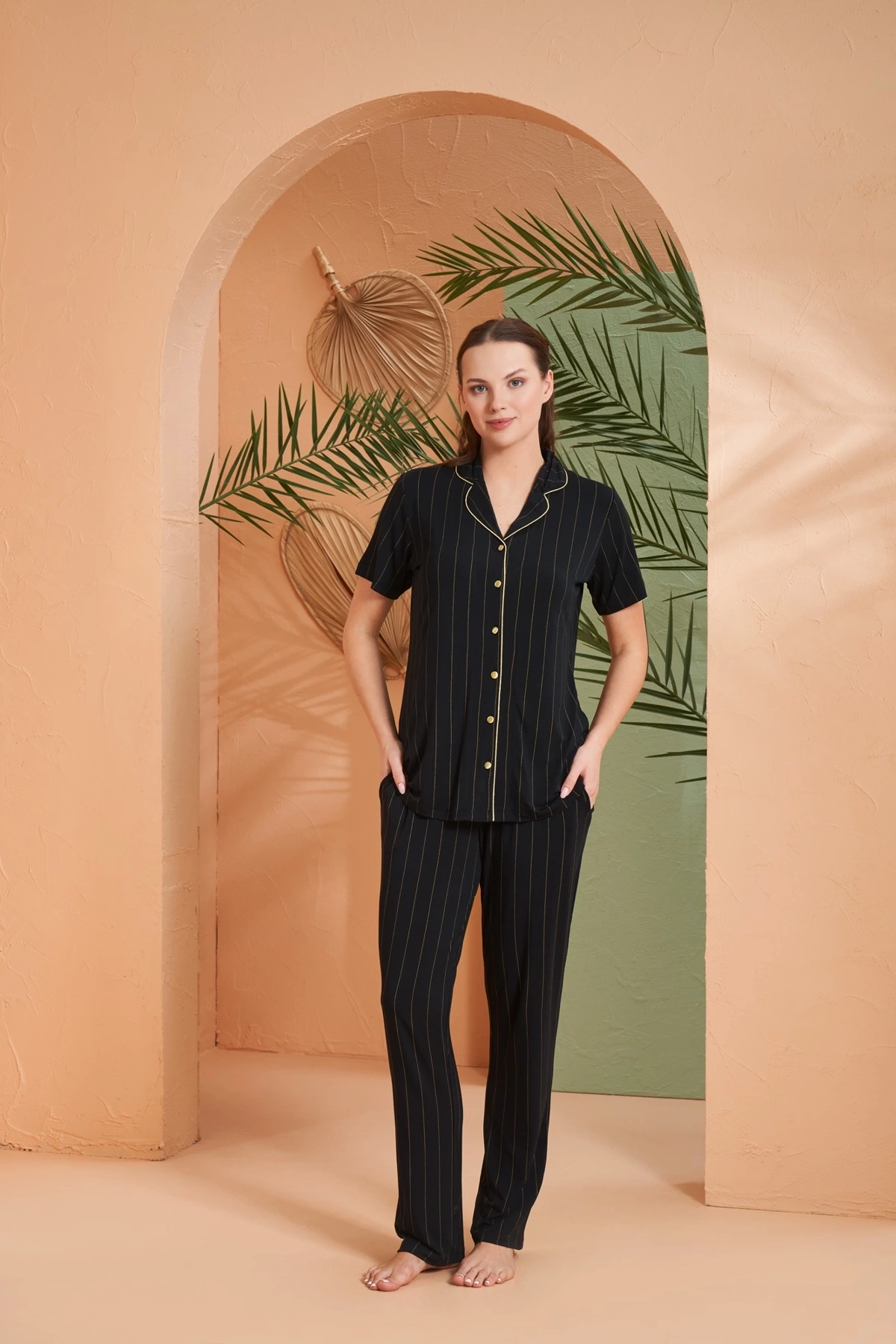 Pjs 27042 Kadın Kısa Kol Çizgili Önü Düğmeli Pijama Takımı