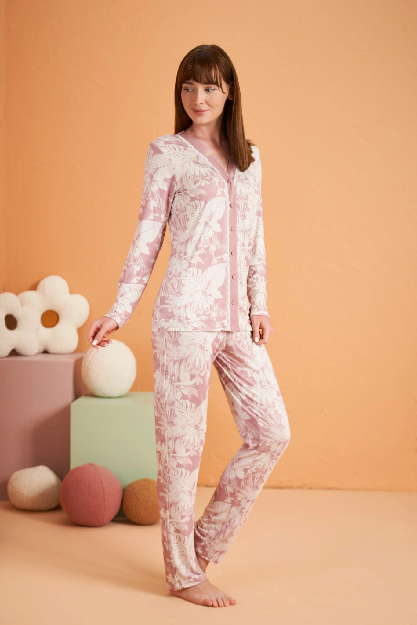 Pjs 28017 Kadın Uzun Kol Önü Düğmeli Pijama Takım