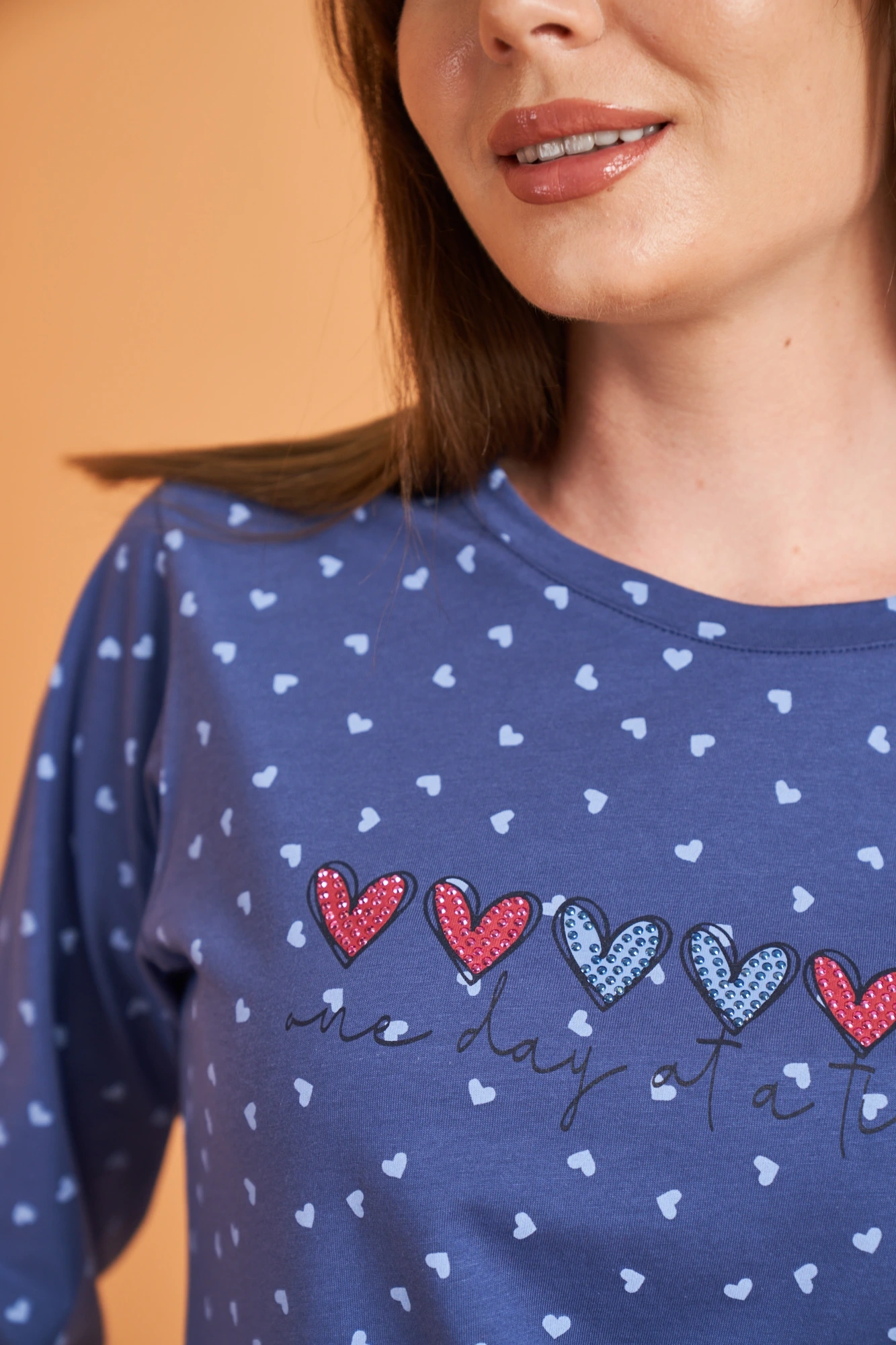 Pjs 28081 Kadın Uzun Kol Yuvarlak Yaka Kalpli Pijama Takım