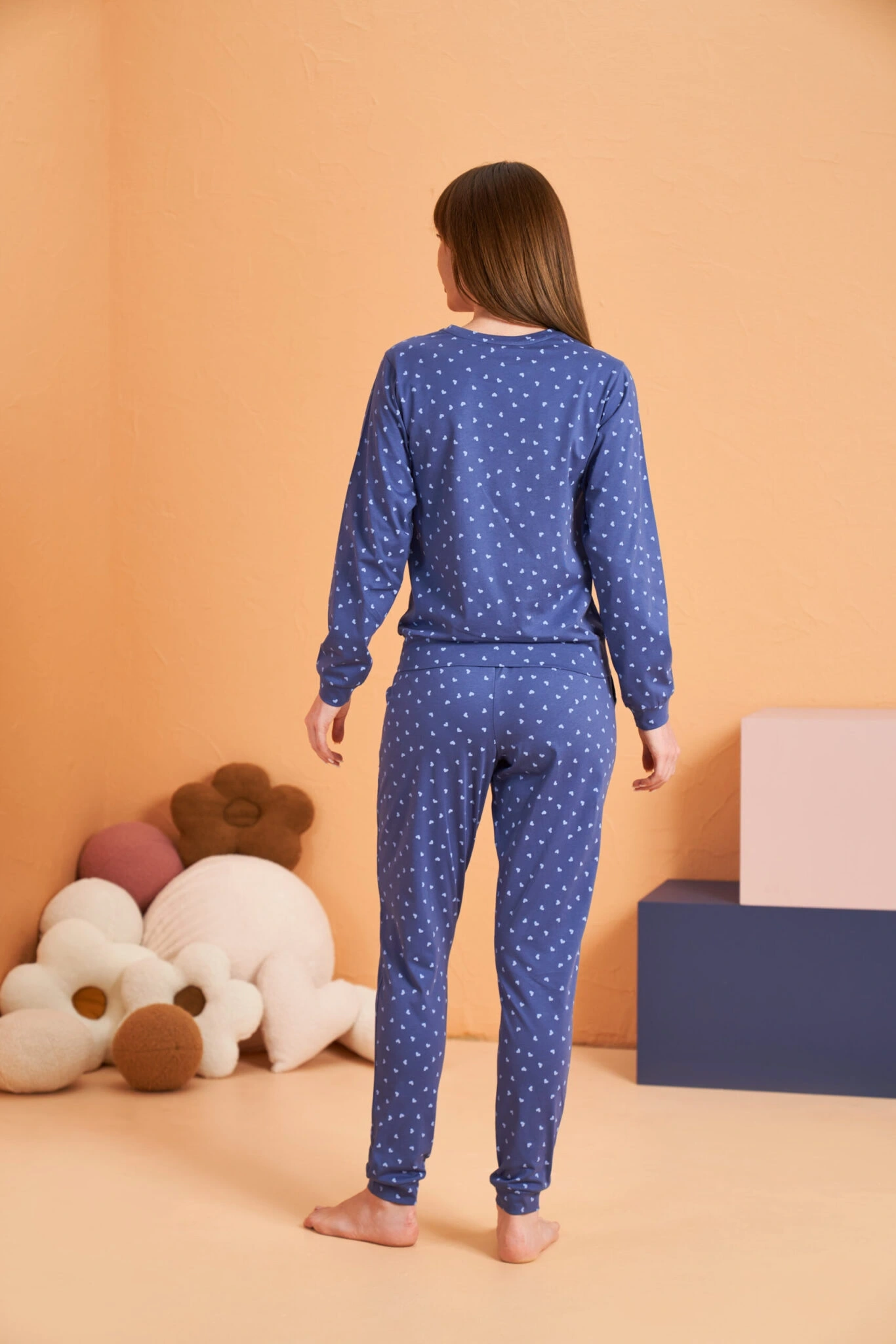 Pjs 28081 Kadın Uzun Kol Yuvarlak Yaka Kalpli Pijama Takım