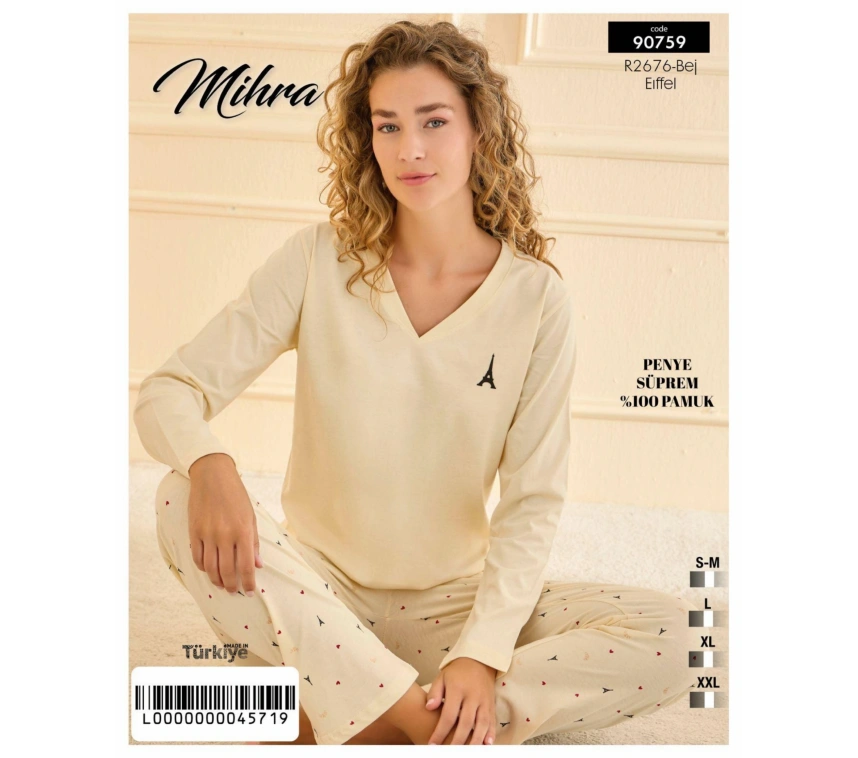 90759 Kadın V Yaka Uzun Kol Pijama Takımı