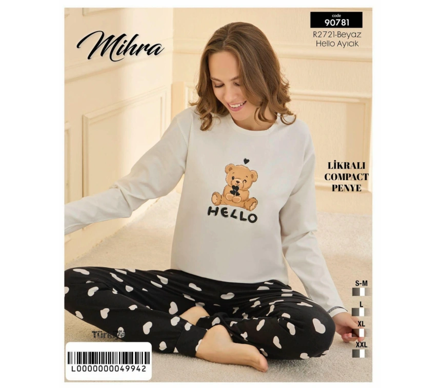 90781 Kadın Ayıcıklı Uzun Kol Pijama Takımı