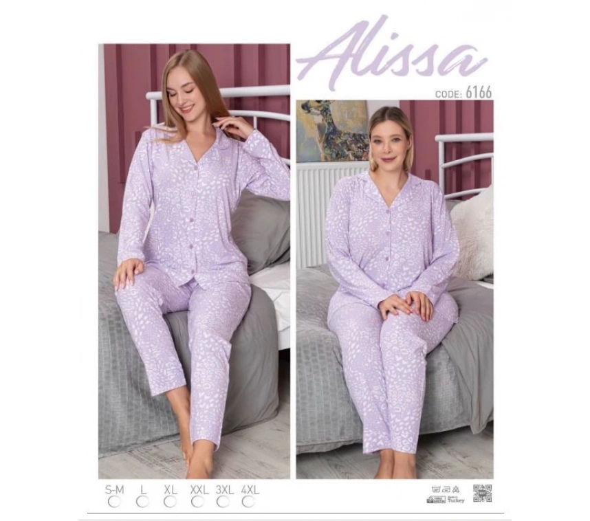 Alissa 6166 Bayan Önü Düğmeli Desenli Pijama Takımı
