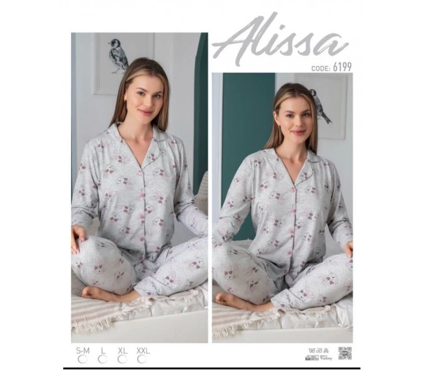 Alissa 6199 Bayan Önü Düğmeli Desenli Pijama Takımı