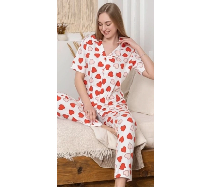 Alissa 6295 Kadın Kalp Desenli Patlı Pijama Takımı