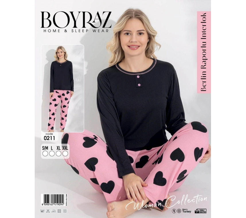 Boyraz 0211 Kadın Raporlu Uzun Kol Pijama Takımı