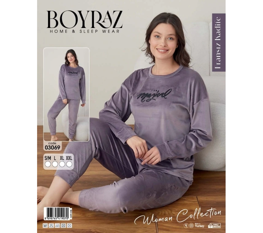 Boyraz 03069 Bayan Fransız Kadife Pijama Takımı
