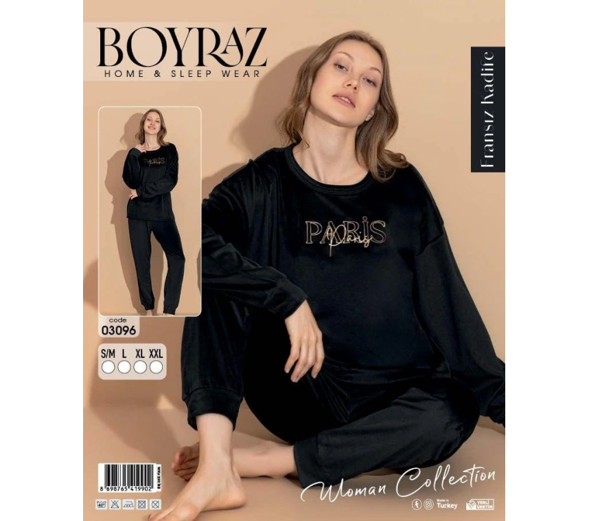 Boyraz 03096 Fransız Kadife Kumaş Uzun Kol Pijama Takımı