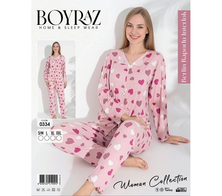 Boyraz 0334 Kadın Raporlu Uzun Kol Pijama Takımı