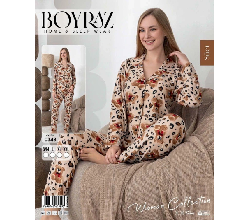 Boyraz 0348 Kadın Süet Patlı Uzun Kol Pijama Takımı