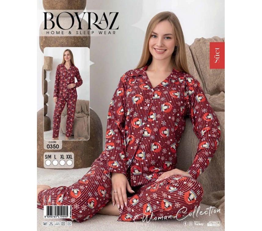 Boyraz 0350 Kadın Süet Patlı Uzun Kol Pijama Takımı