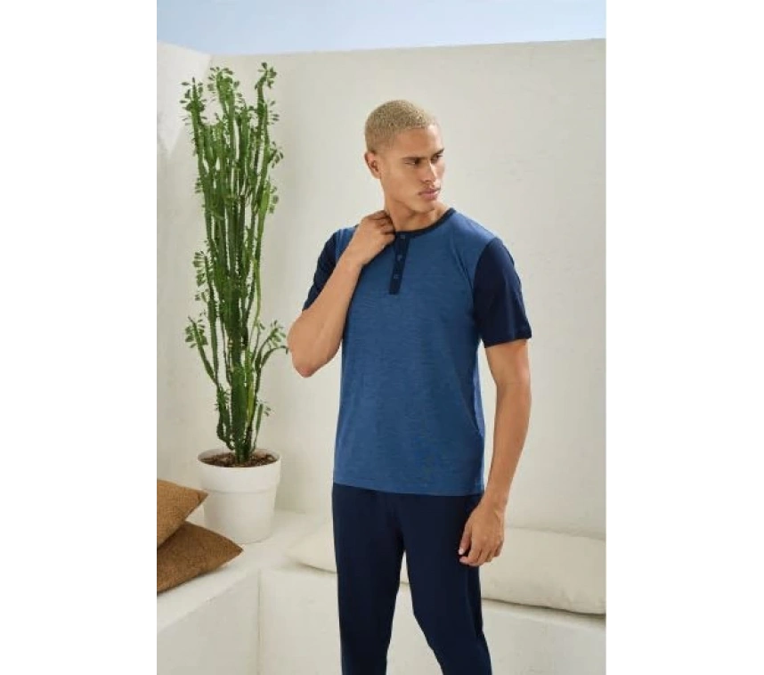Erkek 2205 Erkek  Battal Midi Yaka Pijama Takım