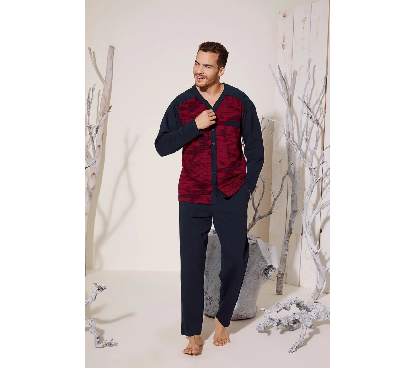 Erkek 8025 Erkek   V Yaka Boydan Düğmeli Pijama Takımı