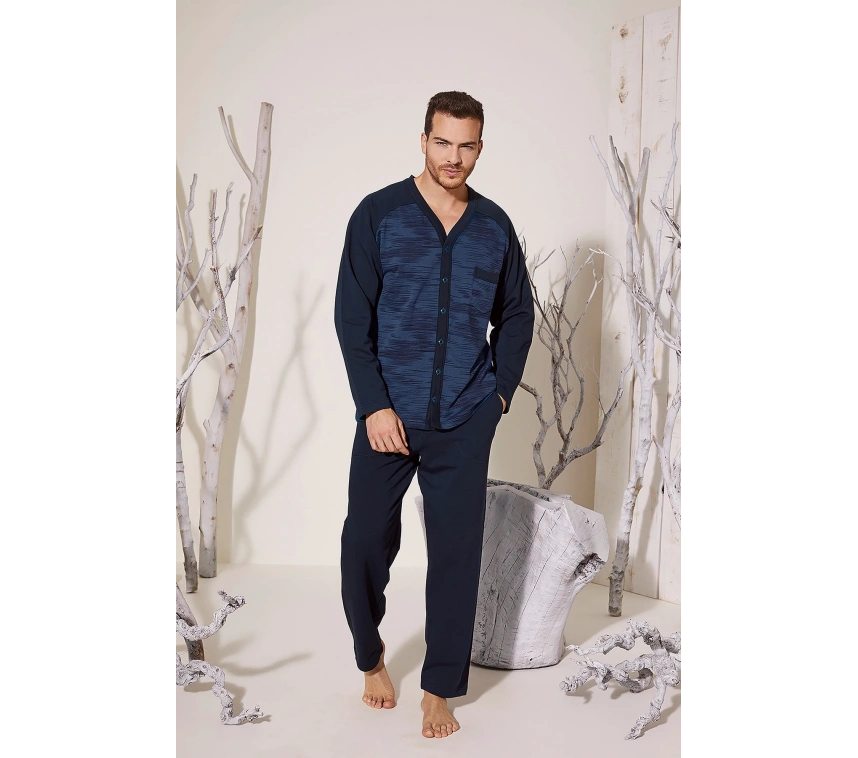Erkek 8025 Erkek   V Yaka Boydan Düğmeli Pijama Takımı
