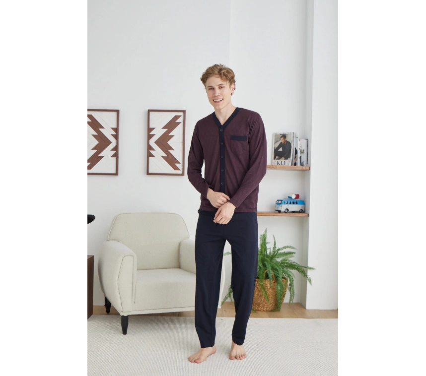 Erkek 9252 Erkek   V Yaka Boydan Düğmeli Pijama Takımı