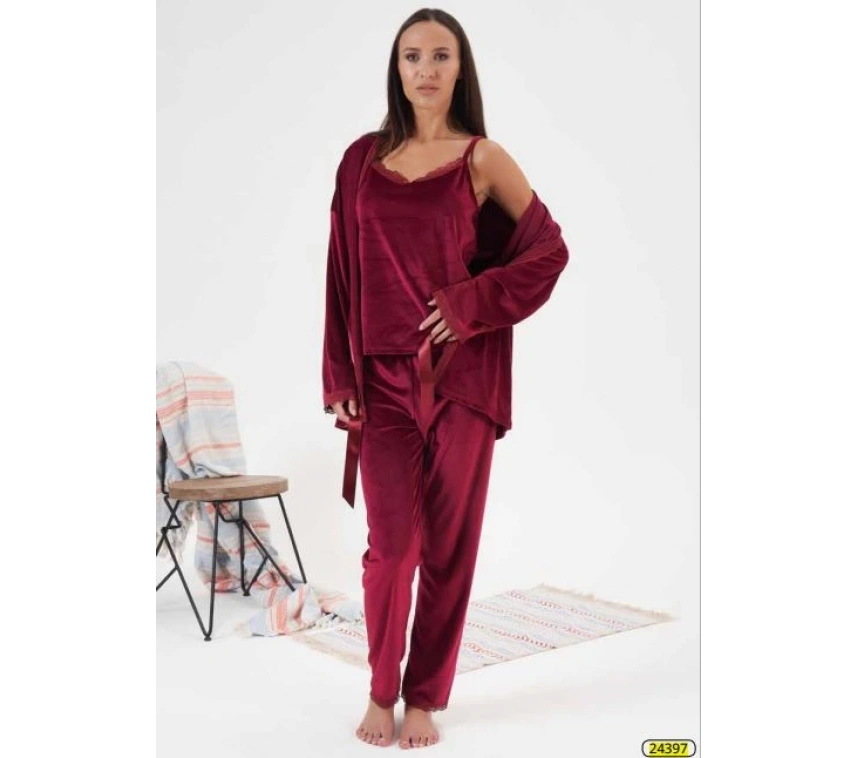 Estiva 24397 Bayan Kadife 3lü Pijama Takım