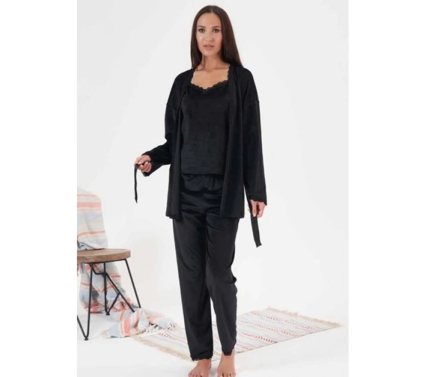 Estiva 24397 Bayan Kadife 3lü Pijama Takım