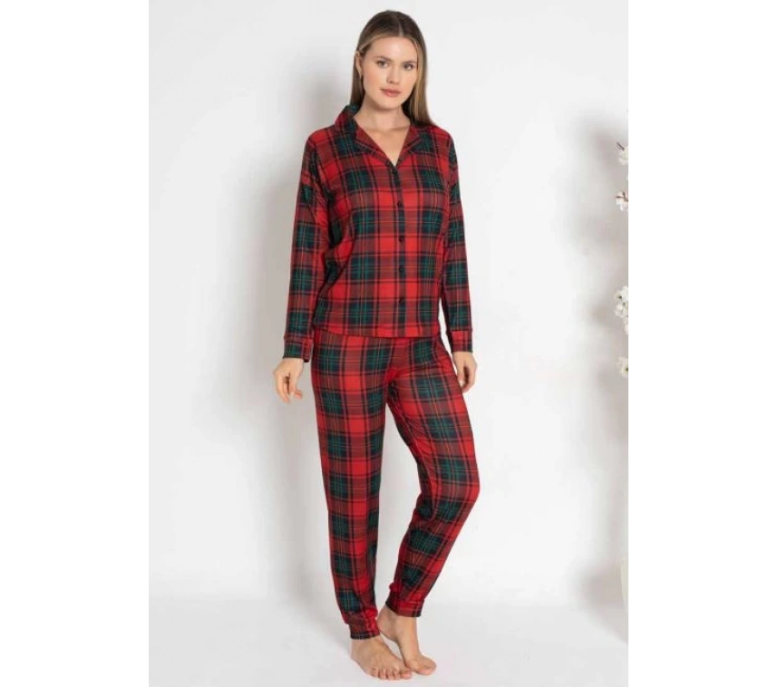 Estiva 24494 Bayan Termal Önü Düğmeli Ekoseli Pijama Takımı