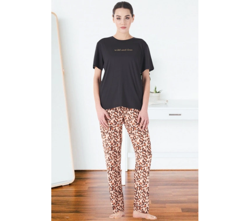 Estiva 25161 Kadın Marla Leoparlı Kısa Kol Pijama Takımı