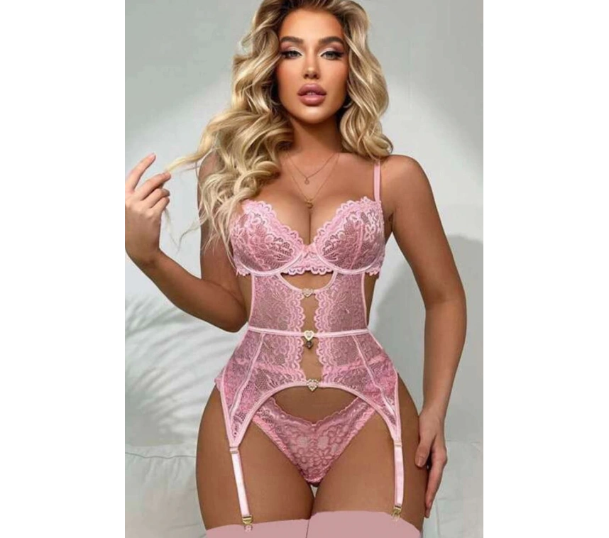 For Dreams 8465 Dantelli Kalp Aksesuar Detaylı Jartiyerli Büstiyer Çorap Takım