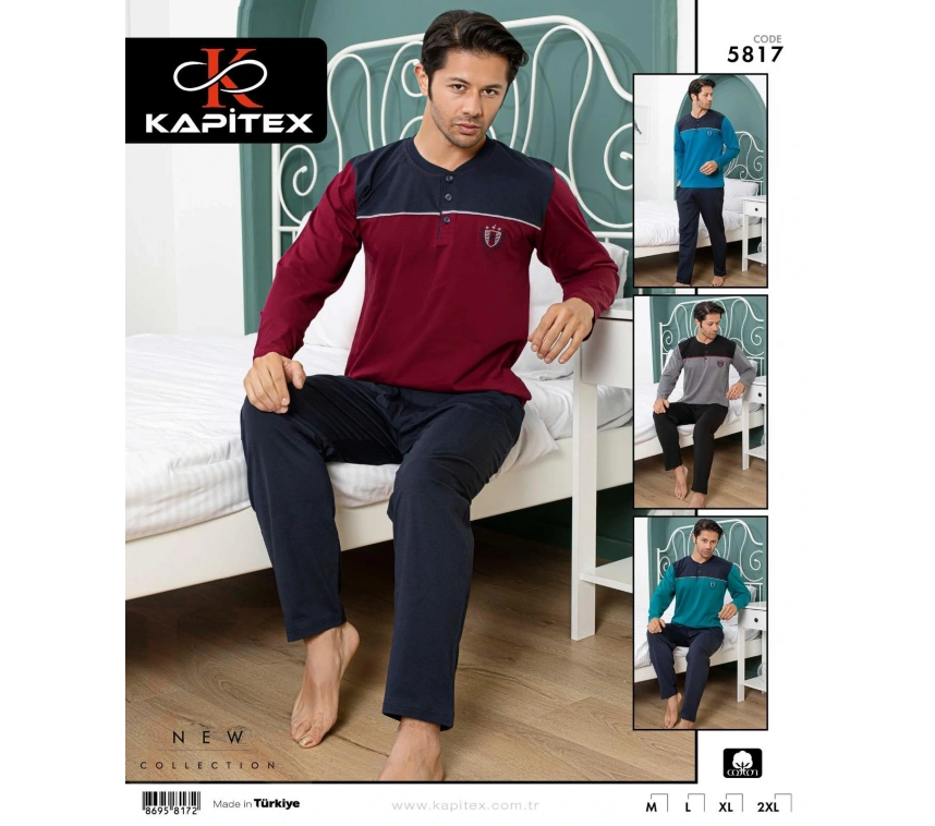 Kapitex 5817 Erkek Uzun Kol Düğme Yaka Pijama Takımı