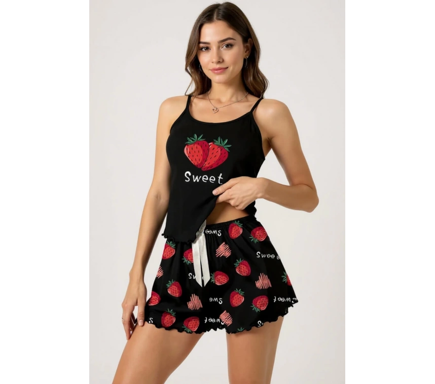 Lesca Çilek Baskılı Siyah Askılı Şortlu Pijama Takımı