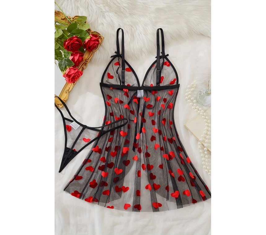 Lesca Kalp Desenli Siyah Transparan Gecelik Brf1378