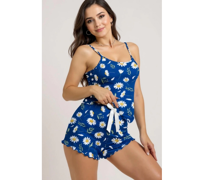 Lesca Papatya Desenli Mavi Askılı Şortlu Pijama Takımı