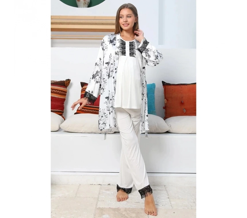 Mommysh 55711 Kadın Lohusa Saten Sabahlıklı Pijama Takımı