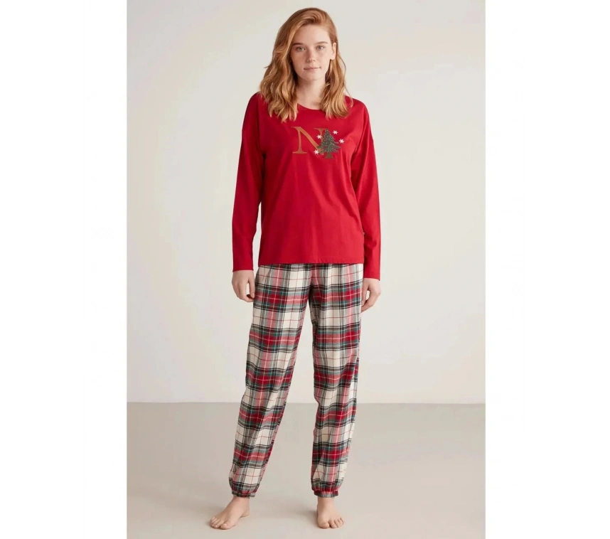 Nautıca W606 Kadın Uzun Kollu Ekoseli Pijama Takımı