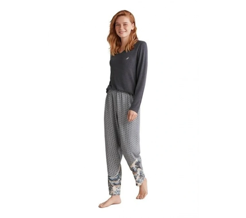 Nautıca W618 Kadın Patlı V Yaka Uzun Kollu Pijama Takımı
