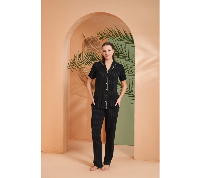 Pjs 27042 Kadın Kısa Kol Çizgili Önü Düğmeli Pijama Takımı