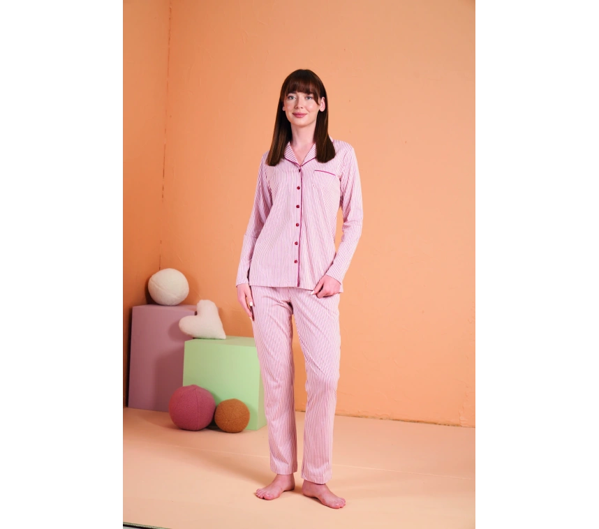 Pjs 28001 Kadın Uzun Kol Çizgili Önü Düğmeli Pijama Takım