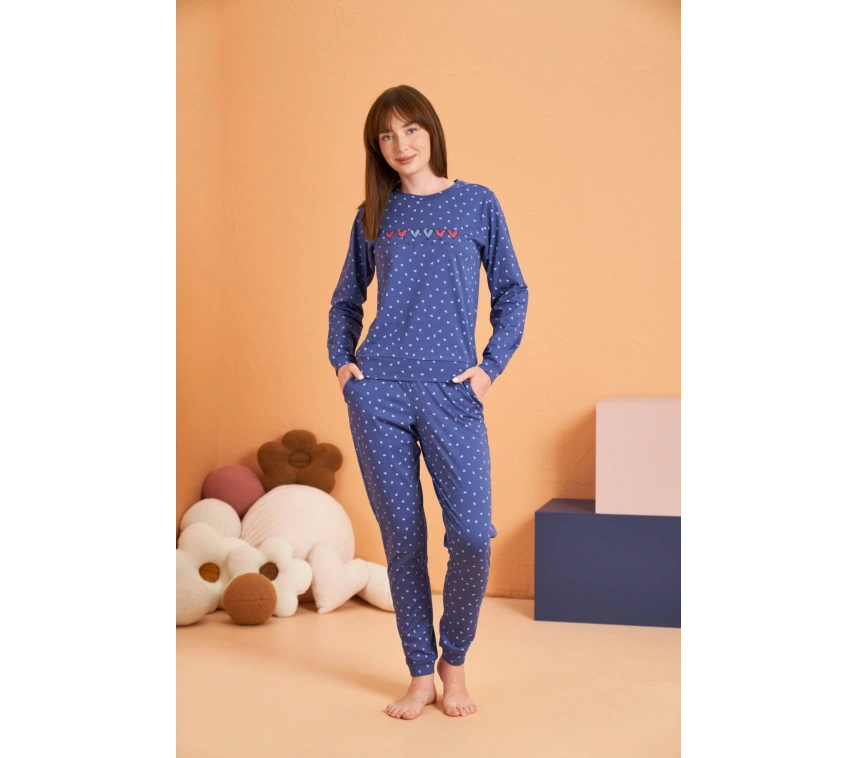 Pjs 28081 Kadın Uzun Kol Yuvarlak Yaka Kalpli Pijama Takım