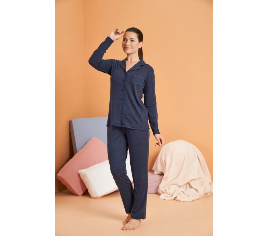 Pjs 28090 Kadın Gömlek Yaka Patlı Pijama Takımı