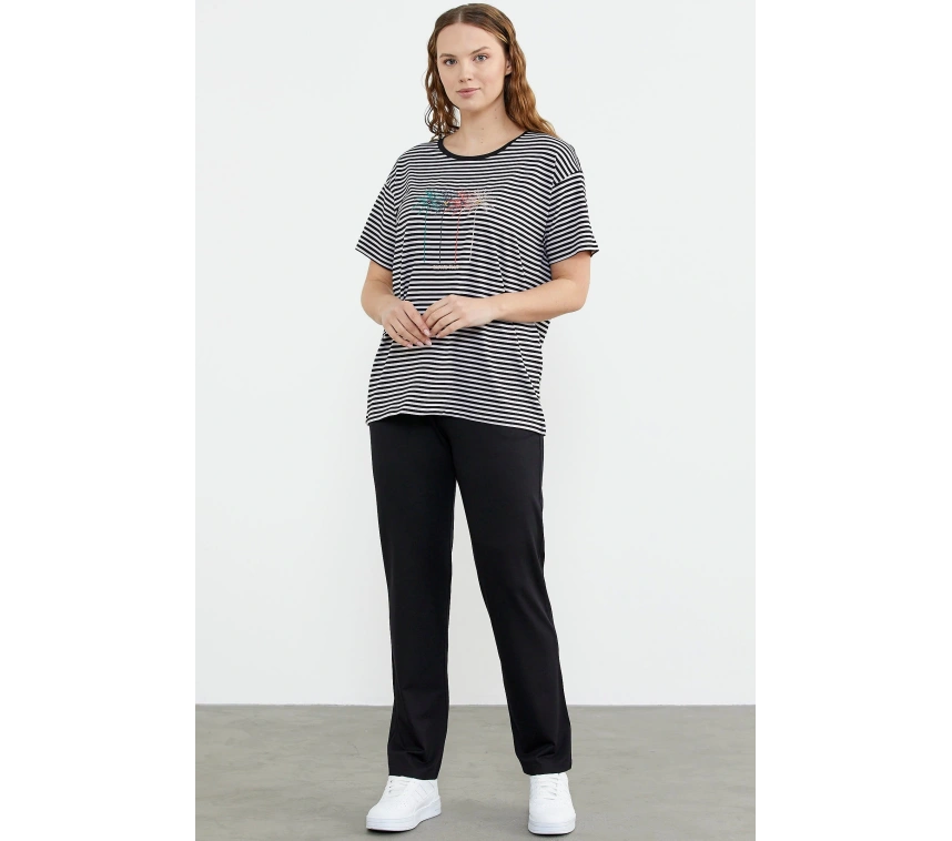 Sementa 76324 Sıfır Yaka Nakış Detaylı Çizgili Penye Takım