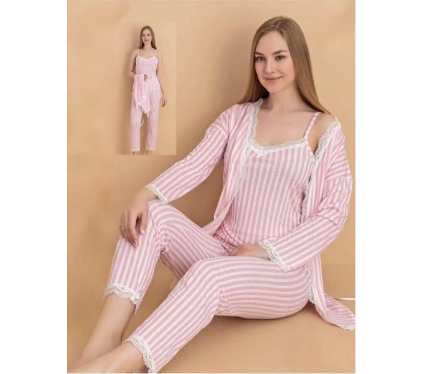 Stil Moda 6064 Kadın Çizgili Askılı Sabahlıklı Pijama Takımı