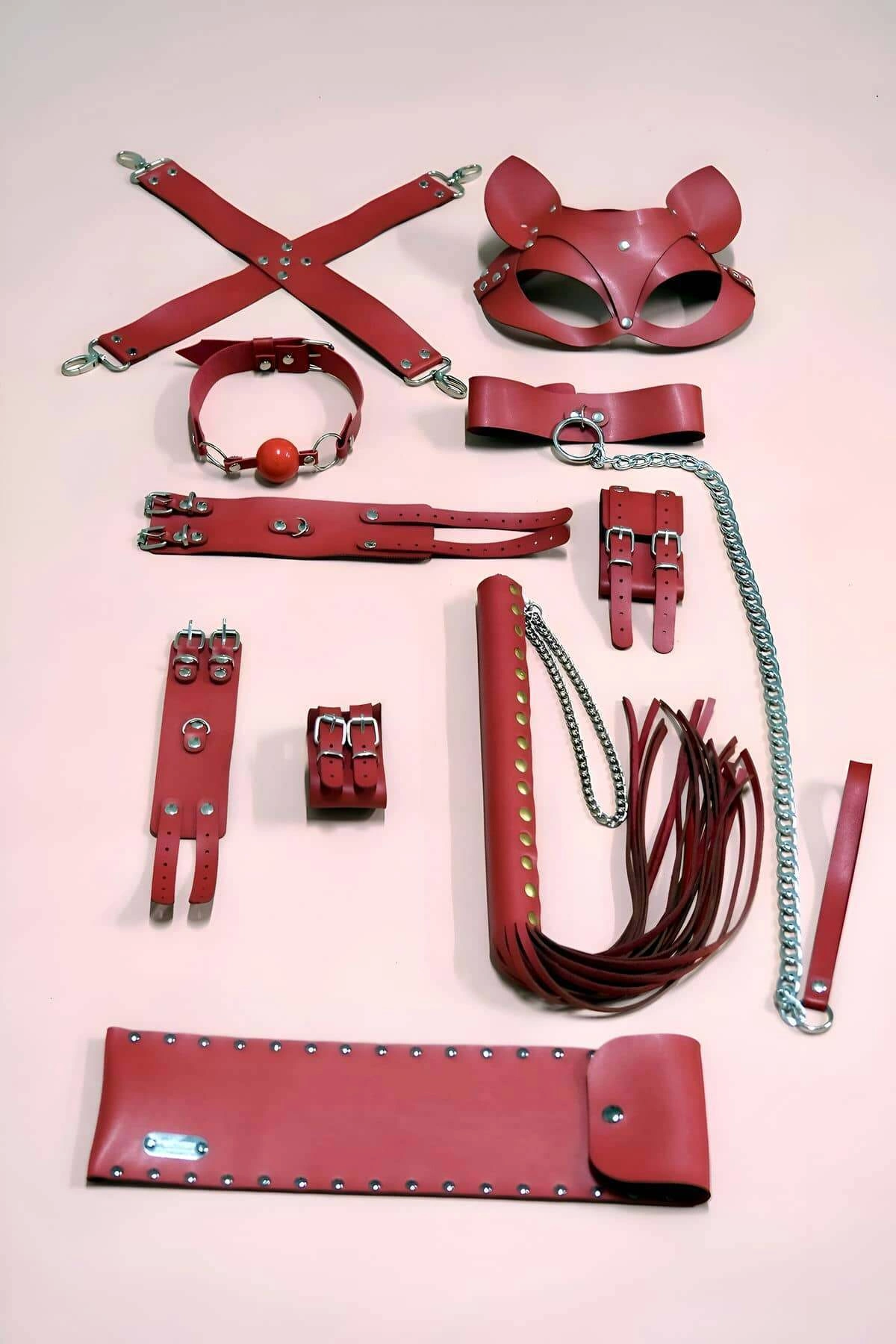 7li Fantezi Kırbaç Kelepçe Set, Kelepçe Takım, Ayak Kelepçesi, Kedi Maskesi - Brf1309