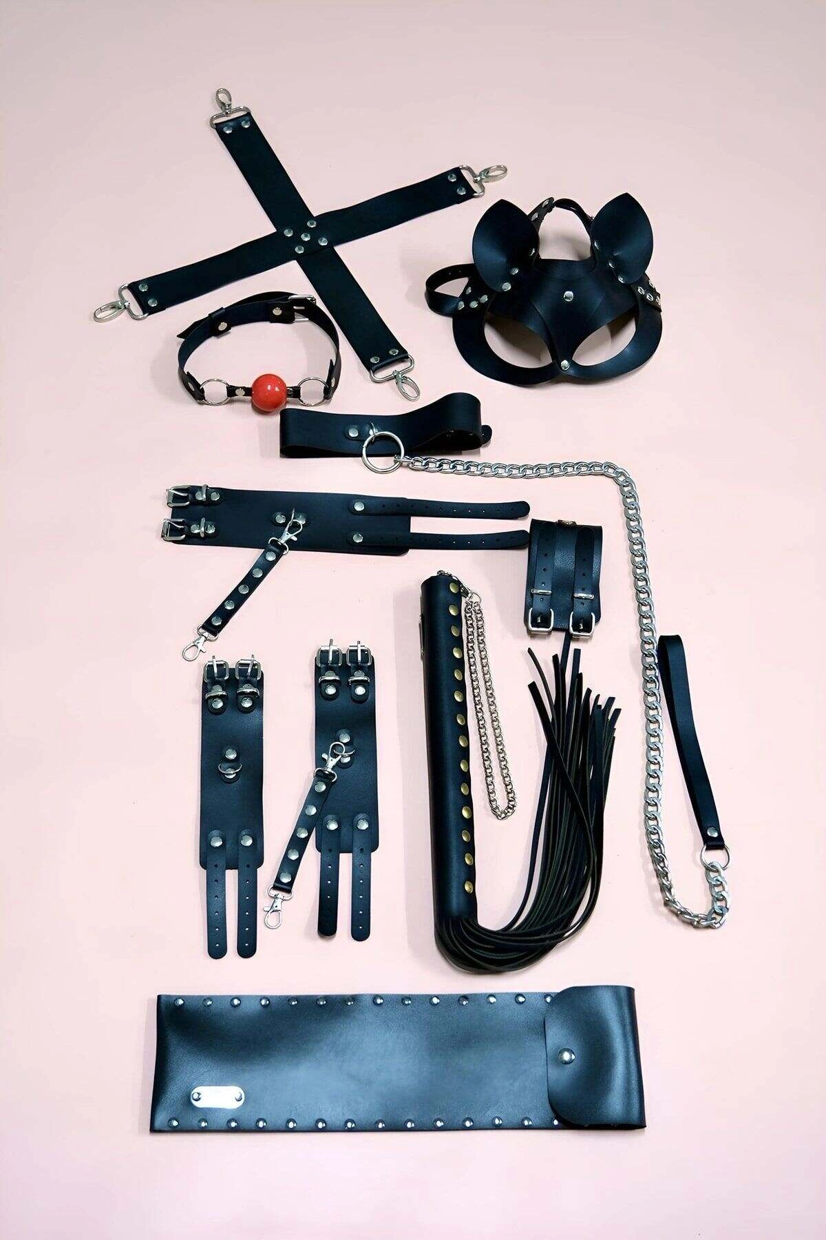 7li Fantezi Kırbaç Set, Kelepçe Takım, Ayak Kelepçesi, Kedi Maskesi - Brf1309