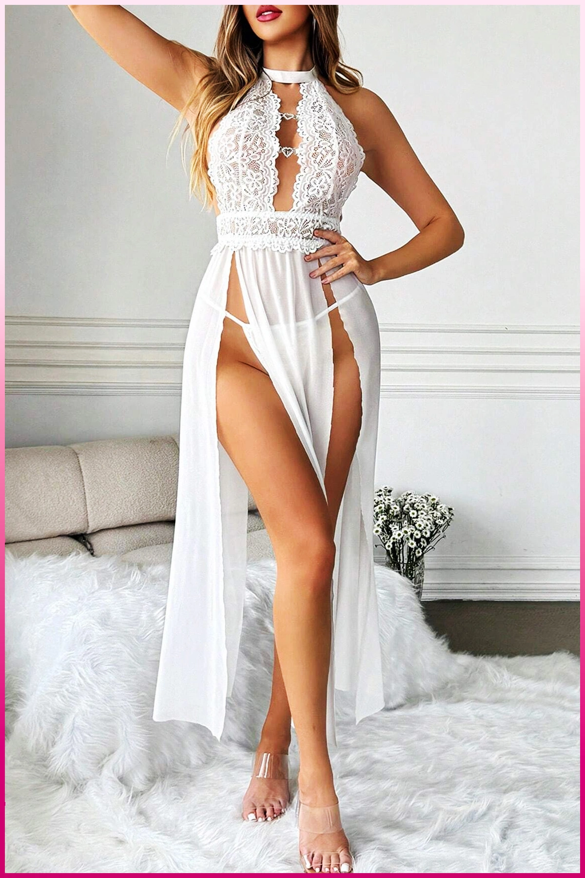 Beyaz Kalp Aksesuarlı Tül Etekli Kadın Seksi Gecelik