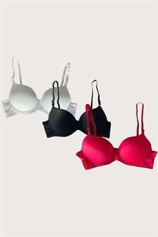 Beyaz-siyah-kırmızı 3lü Mikro Kumaş Push Up Dolgulu Balenli Günlük Destekli Sütyen